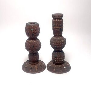 Arts & Crafts Tapered Candle holders with Semi-Precious Stones Set Of 2 Vintage